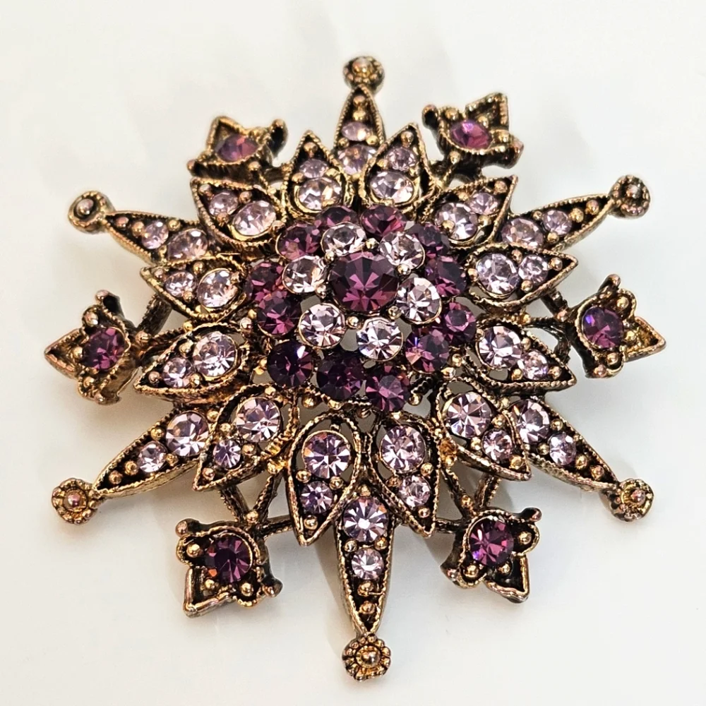 Vintage Bohemian Style Sparkling Purple Rhinestone Gold Tone Brooch